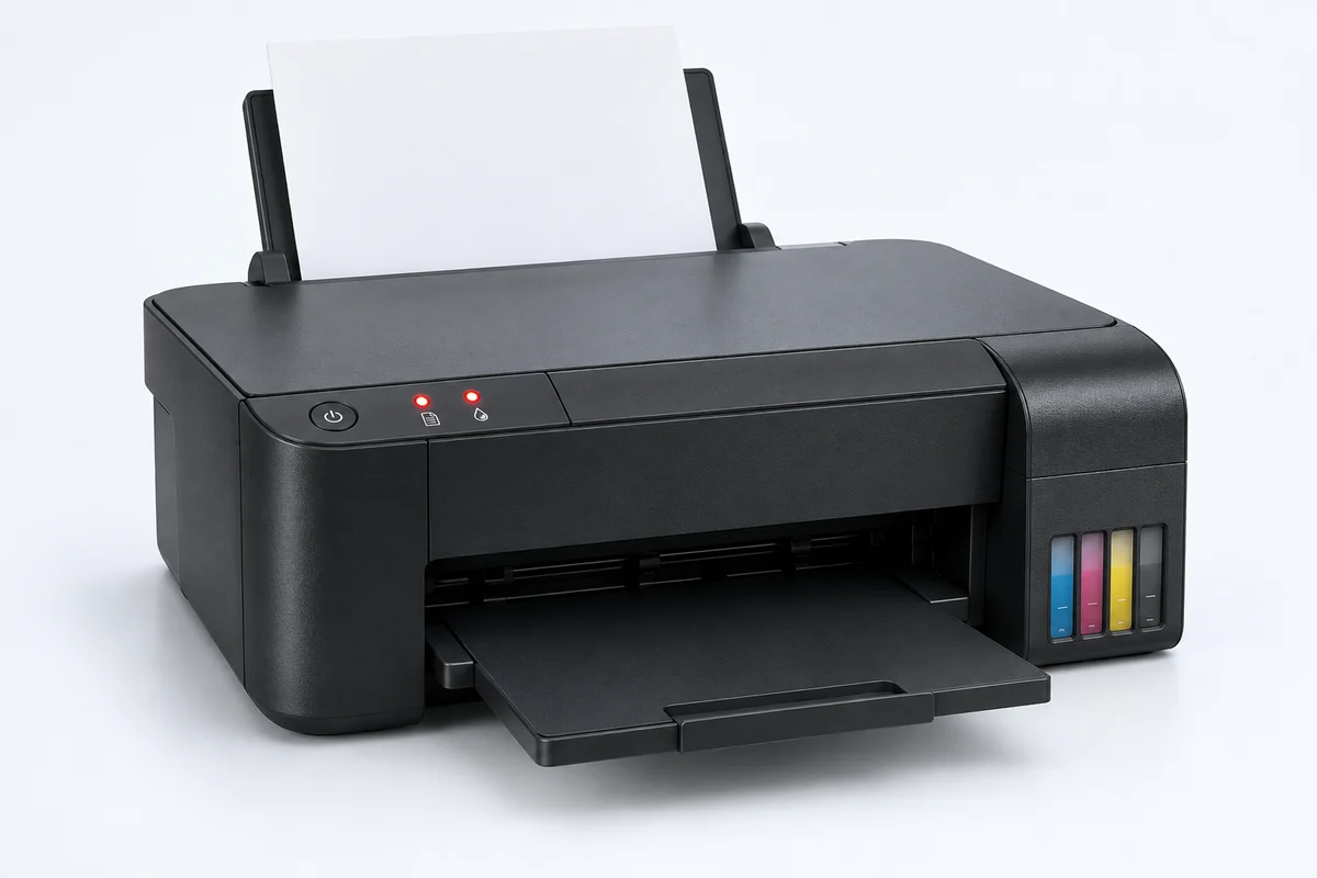Illustrative Epson-style ink tank printer with red ink and paper warning lights illuminated